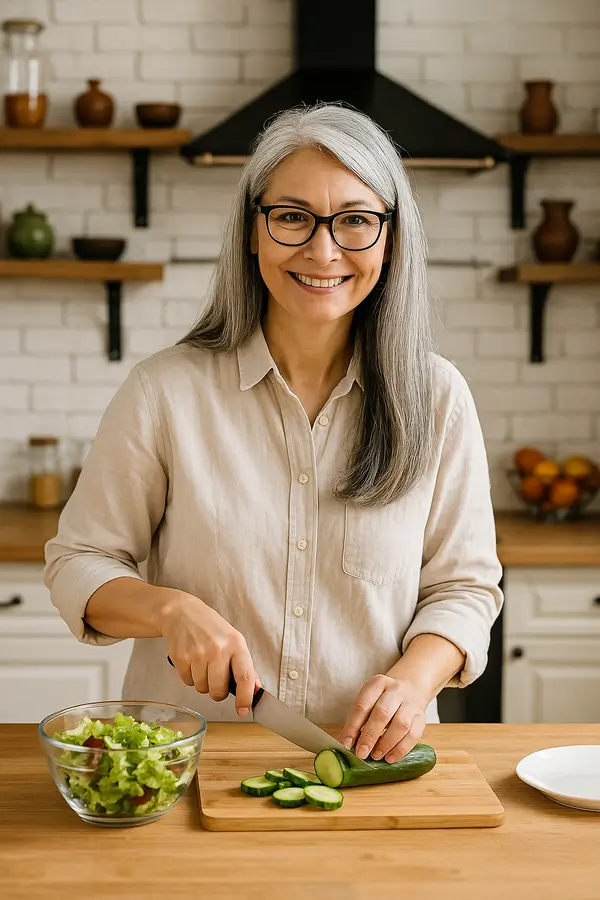 Julia Marenne preparing a fresh homemade salad in her kitchen